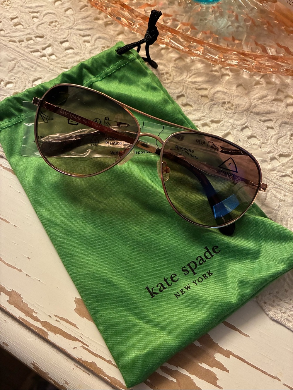 kate spade Gold Metal Aviator Sunglasses with Green Pouch